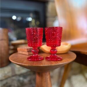 Vintage Red Glass Fleur de Lis Wine Goblets Pair
